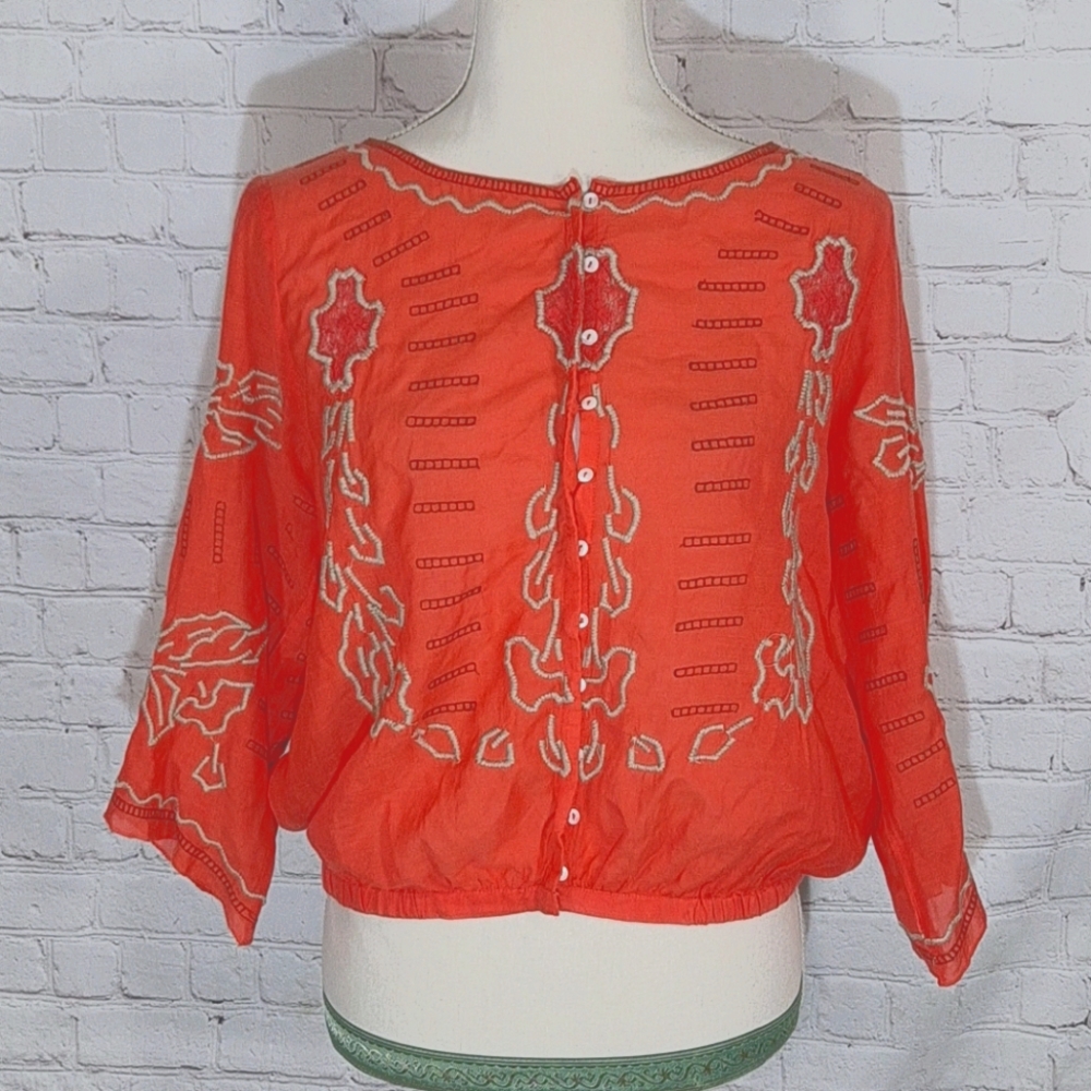 Free People Orange Embroidered Peasant Blouse